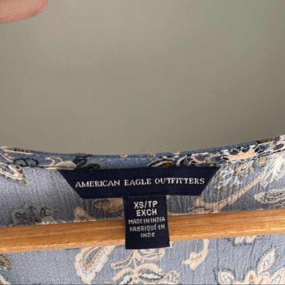 American Eagle Blue and Pink Floral Boho, Festival Wear Faux Wrap Romper - Picture 7 of 7